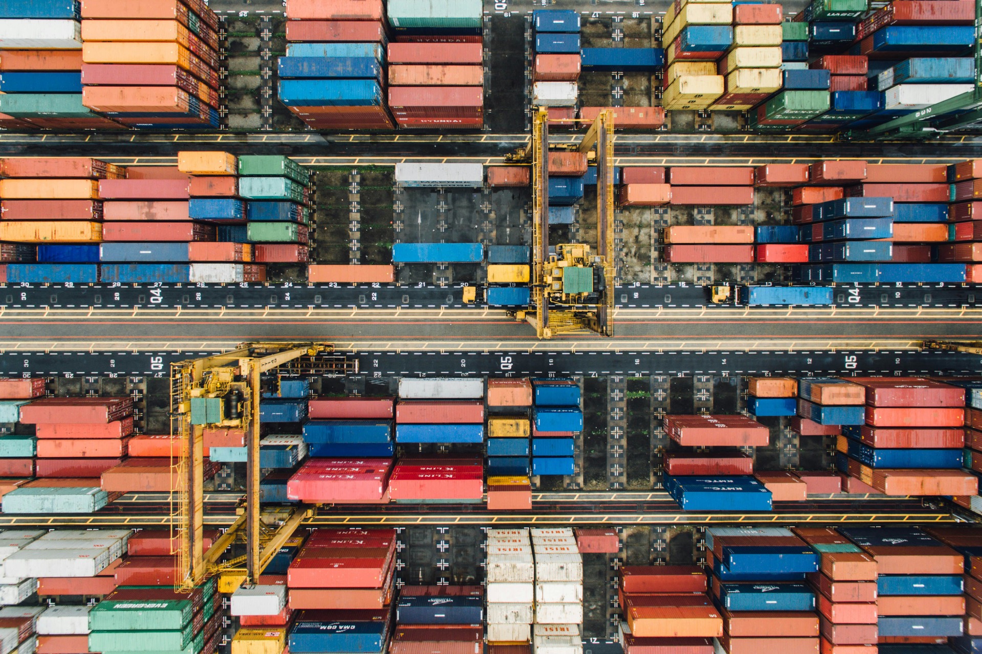 An aerial view of a working container terminal